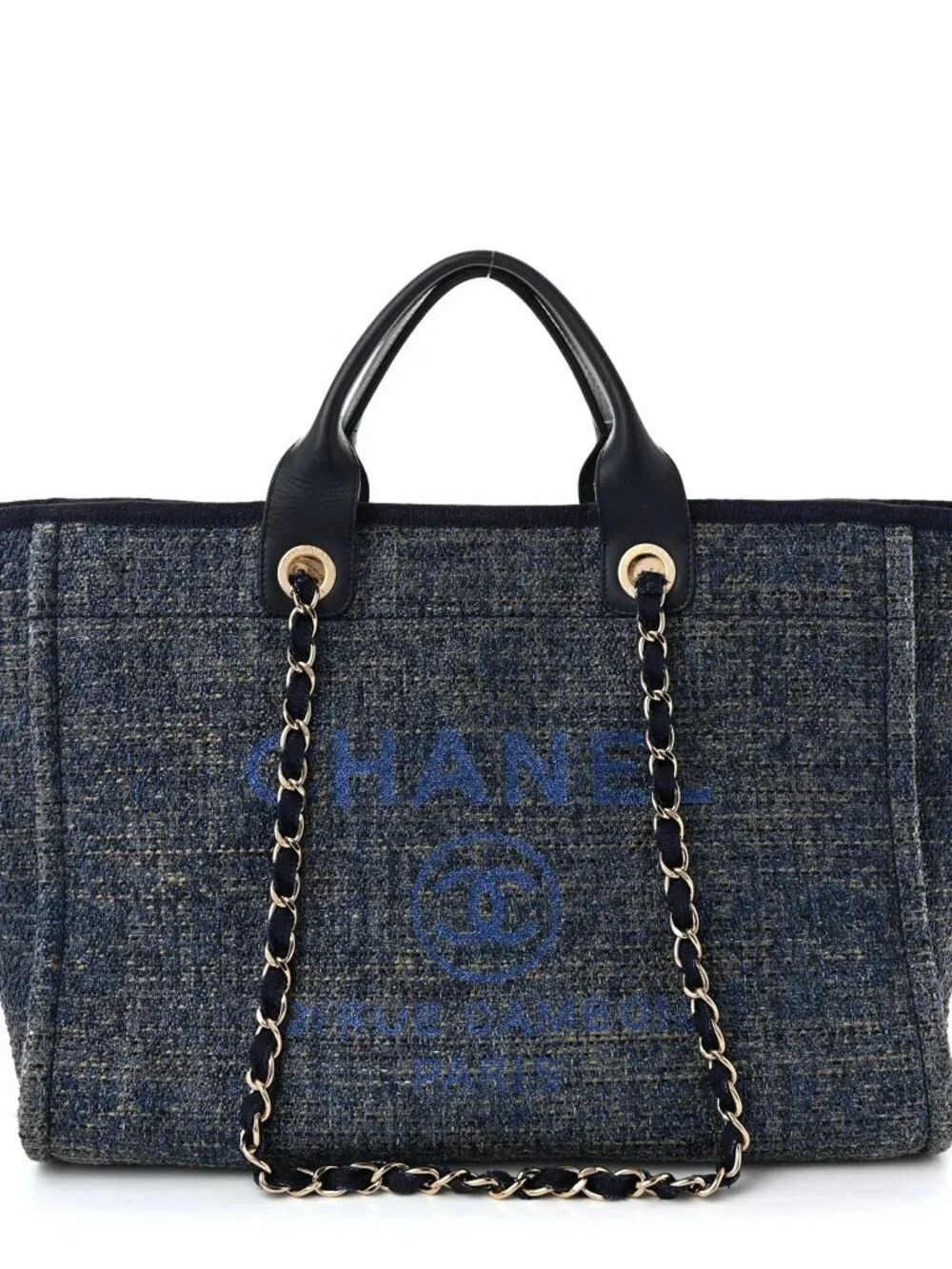 Chanel Lurex Canvas Medium Deauville Tote Navy Blue Shoulder Bag Shopper CC Logo